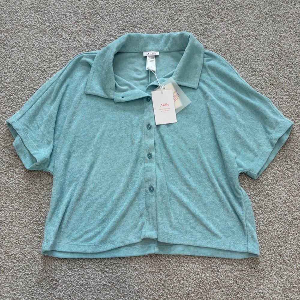 Andie Cropped Button Up Womens S Blue Terrycloth Relaxed Beach Resortwear Casual